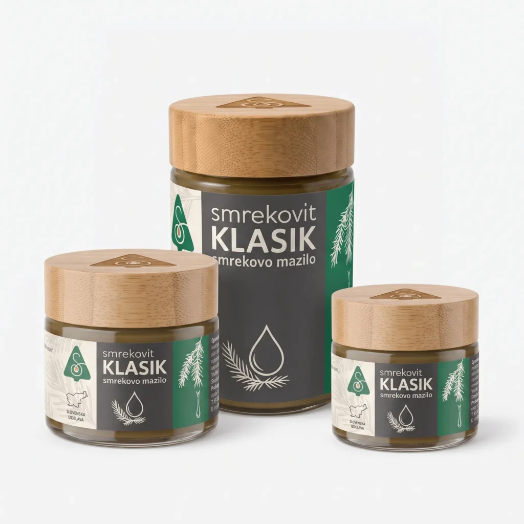 Packshot cele linije smrekovih mazil Smrekovit Klasik 60, 150 in 500 ML