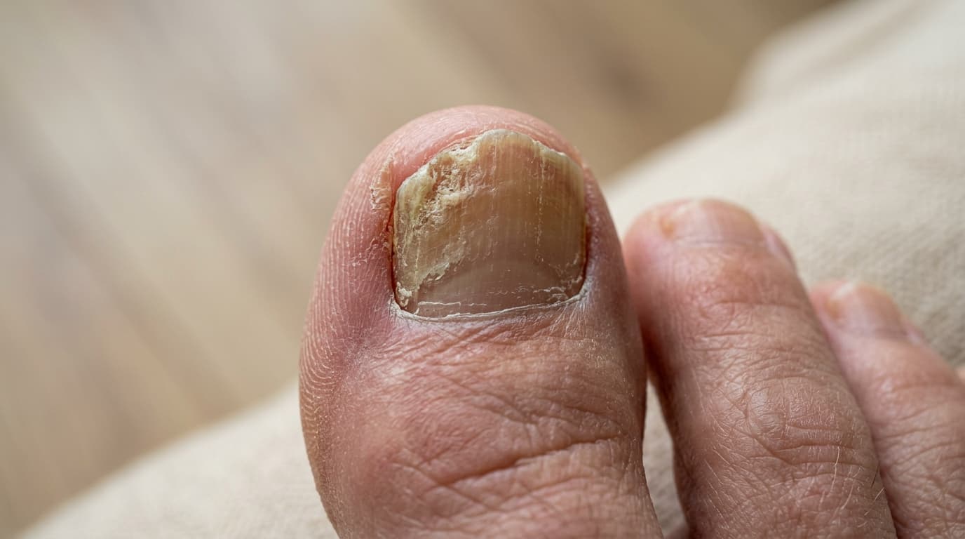 glivice na nohtu noge rumen zadebeljen noht onihomikoza