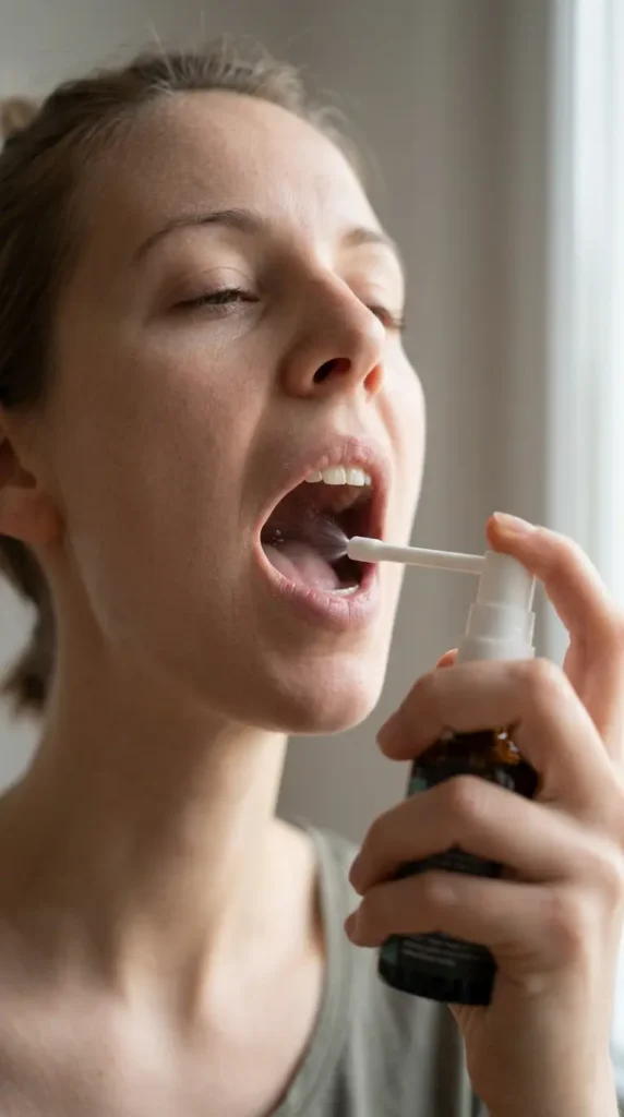 primer lokalne uporabe oralnega pršila pri bolečem grlu