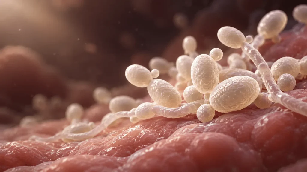 Candida-Hefen auf der Schleimhaut – eine Illustration des Pilzes, der eine Candidose verursachen kann