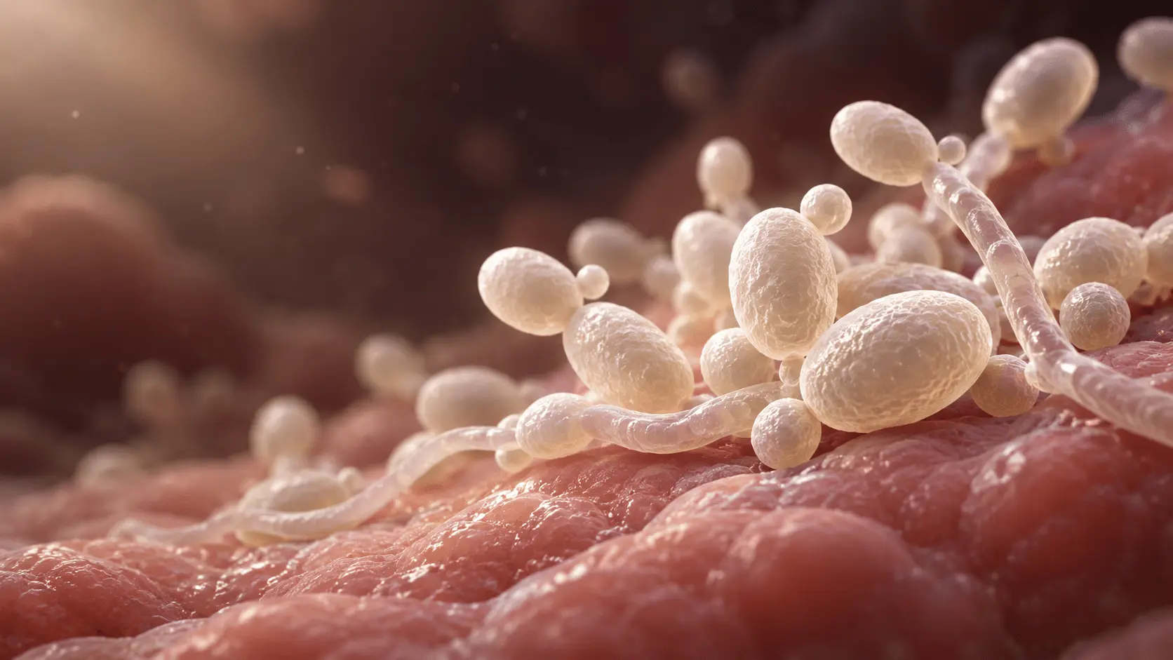 Candida-Hefen auf der Schleimhaut – eine Illustration des Pilzes, der eine Candidose verursachen kann