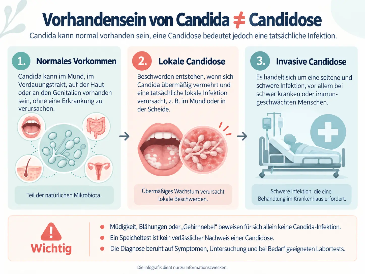 Das Vorhandensein von Candida ist nicht dasselbe wie eine Candidose – Vergleich zwischen normalem Vorkommen, lokaler Infektion und invasiver Infektion
