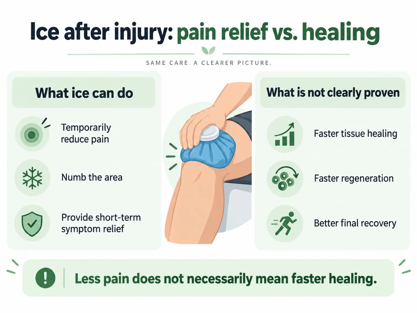 The difference between pain relief with ice and the effect of cooling on injury healing
