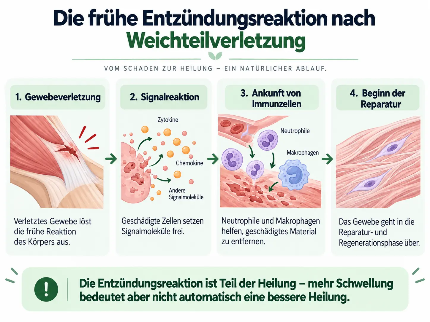 Verlauf der Entzündungsreaktion nach einer Verletzung – von der Gewebeschädigung bis zum Beginn der Reparatur