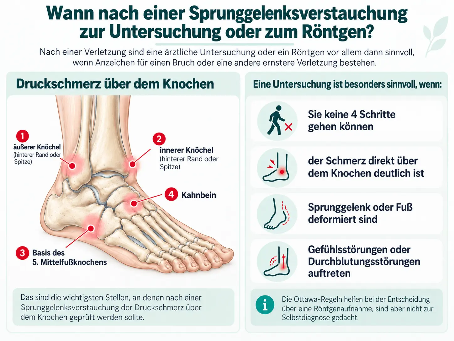 Wann nach einer Verstauchung des Sprunggelenks eine ärztliche Untersuchung oder Röntgenaufnahme erforderlich ist: Ottawa-Ankle-Rules und Warnzeichen