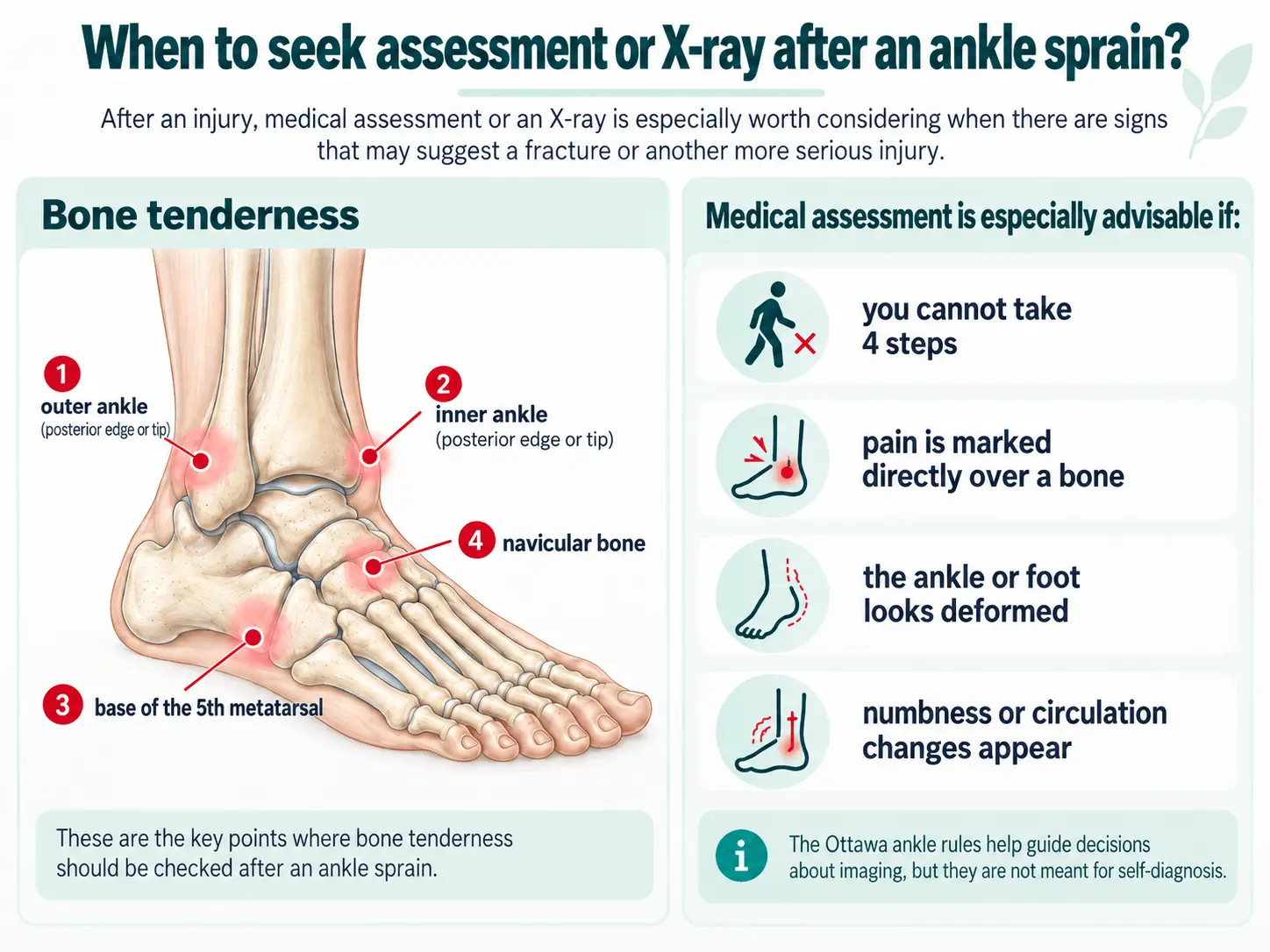 When to seek medical assessment or an X-ray after an ankle sprain: Ottawa Ankle Rules and warning signs