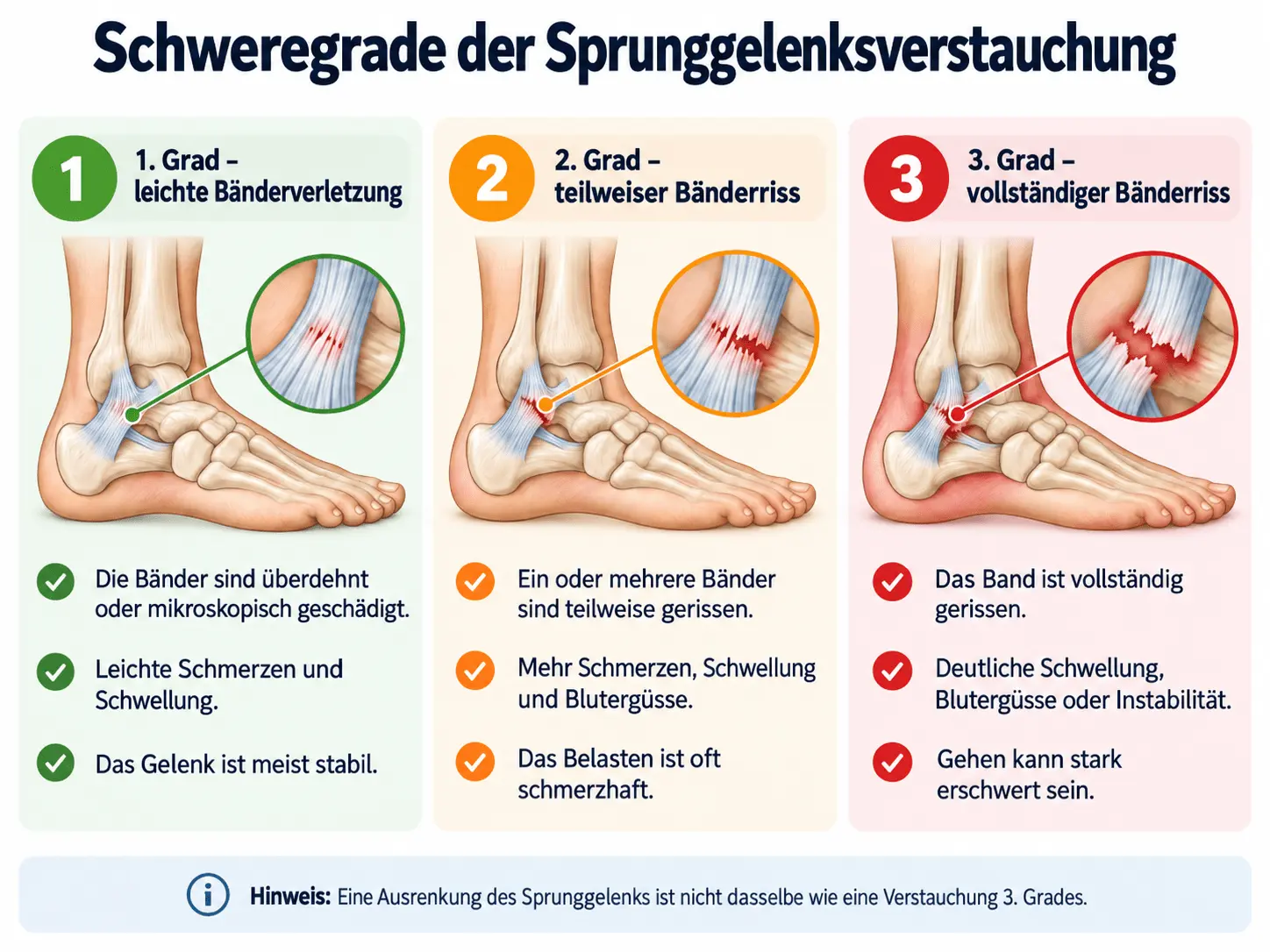 Schweregrade der Sprunggelenksverstauchung: leichtere Bandverletzung, partieller Bandriss und vollständiger Bandriss.