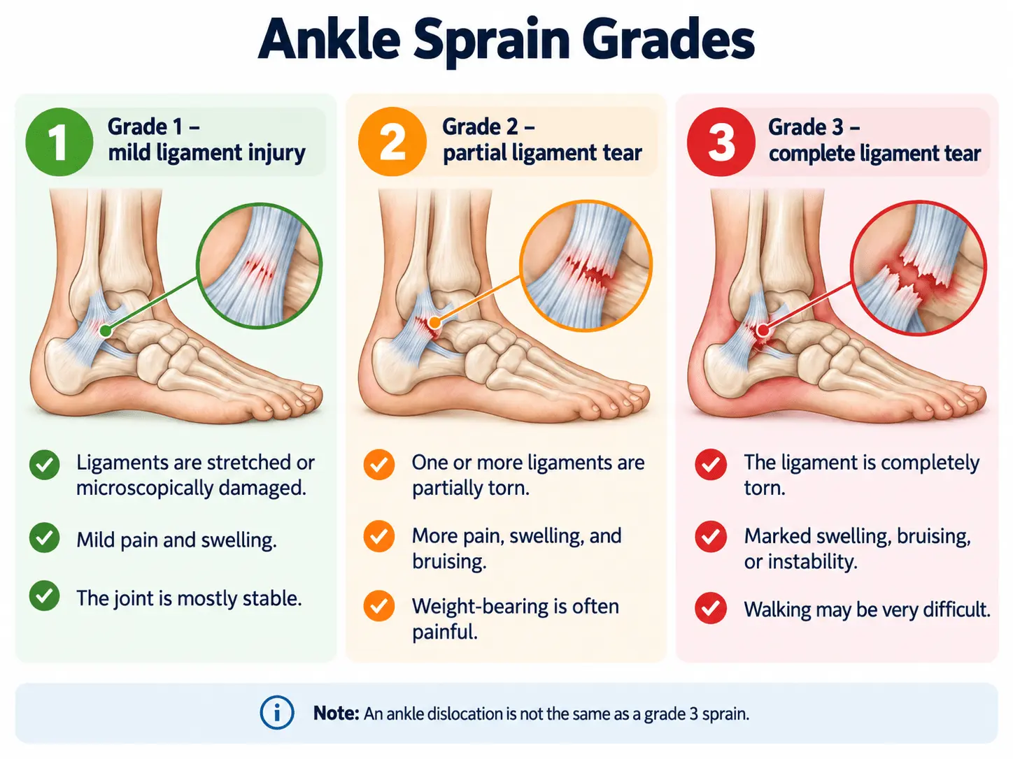 Grades of ankle sprain: mild ligament injury, partial tear and complete ligament tear.
