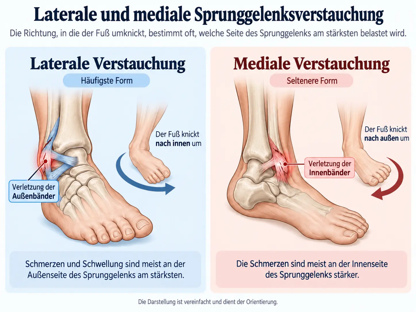 Laterale und mediale Verstauchung des Sprunggelenks je nach Richtung des Umknickens