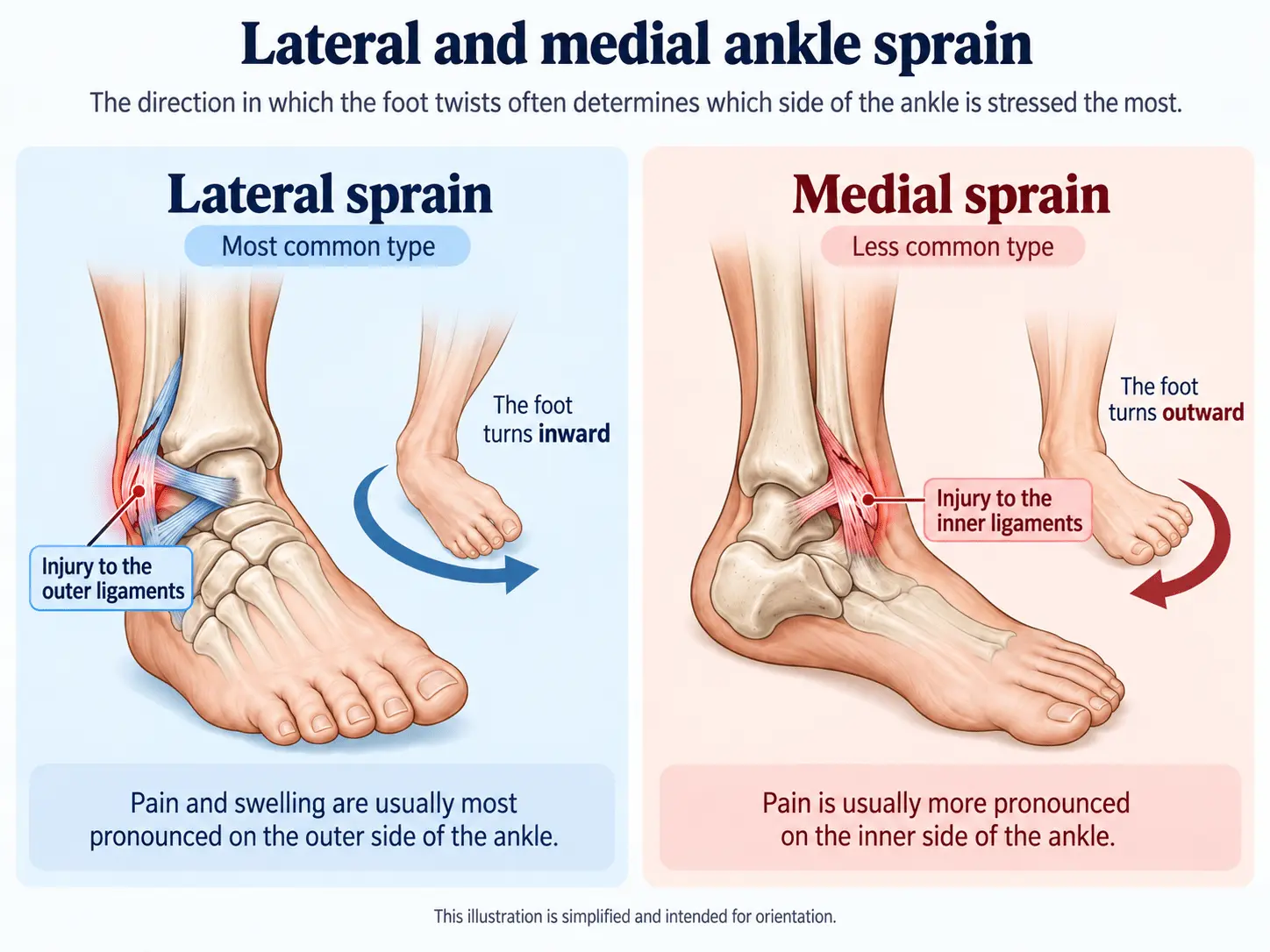 Lateral and medial ankle sprains according to the direction of foot twisting