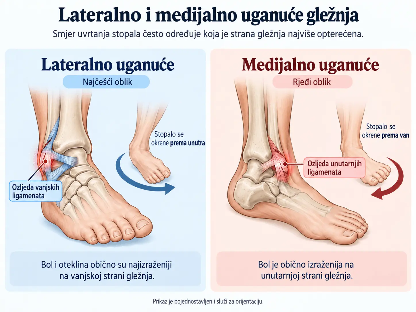 Lateralno i medijalno uganuće gležnja s obzirom na smjer uvrtanja stopala