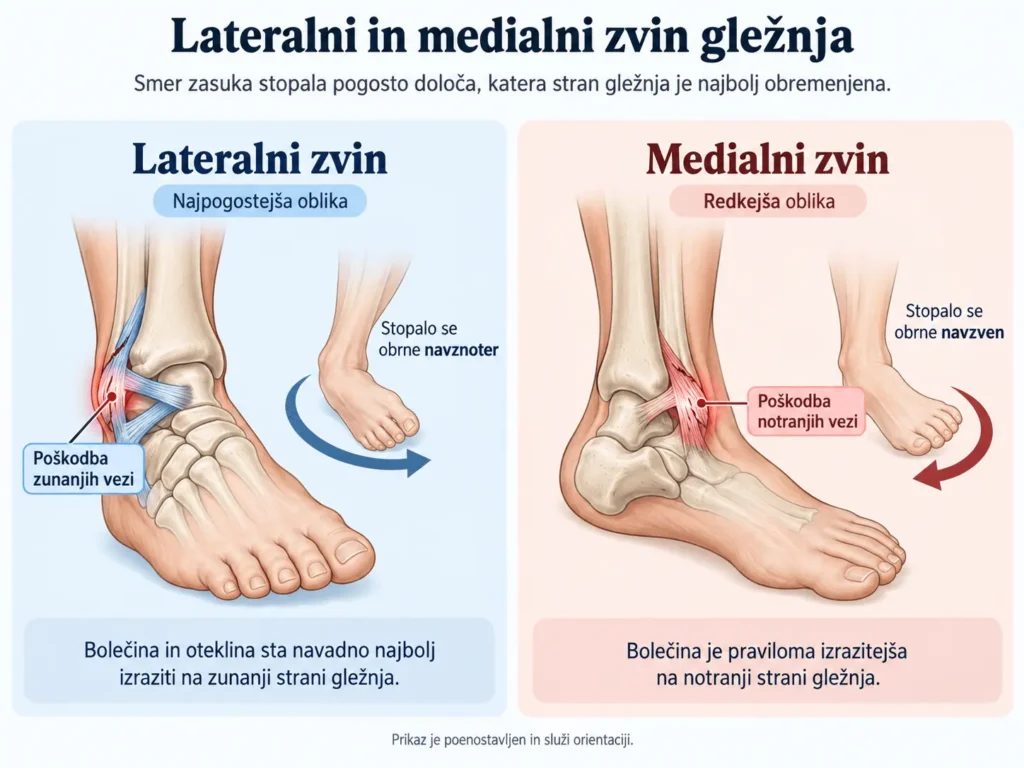 Lateralni in medialni zvin gležnja glede na smer zasuka stopala