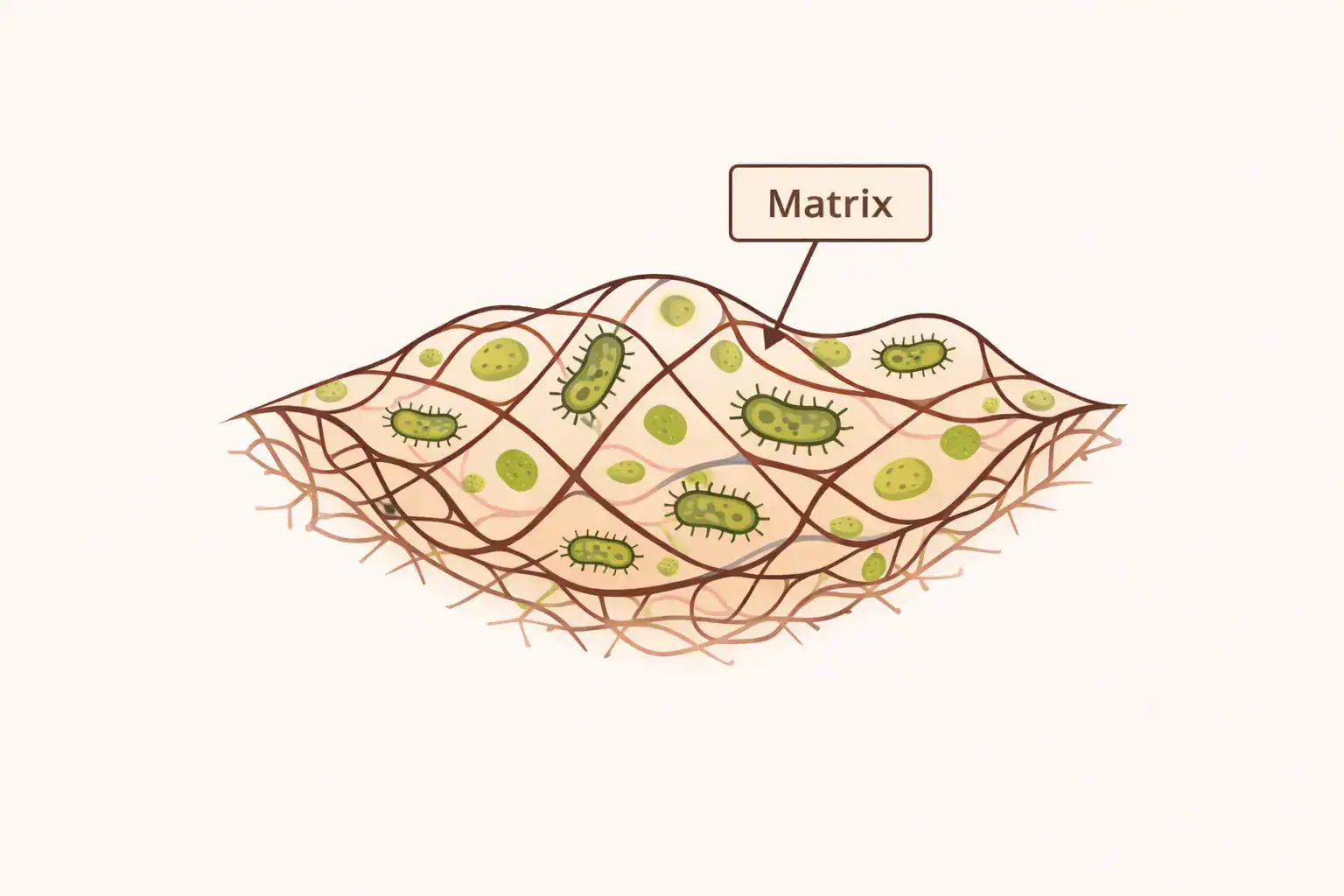 A mesh-like biofilm structure with the matrix labeled.