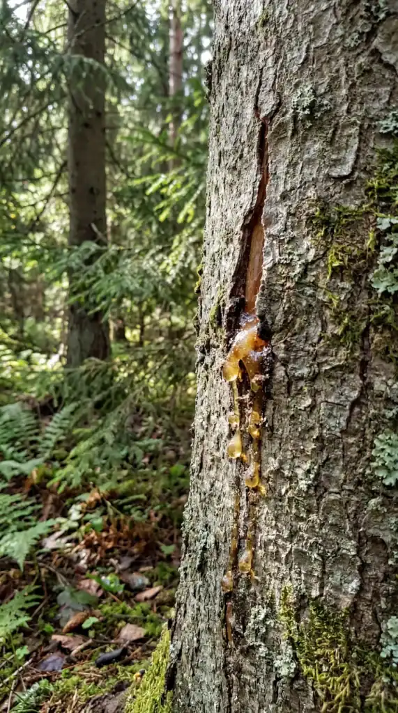smrekova smola, ki izteka iz poškodovanega debla smreke
