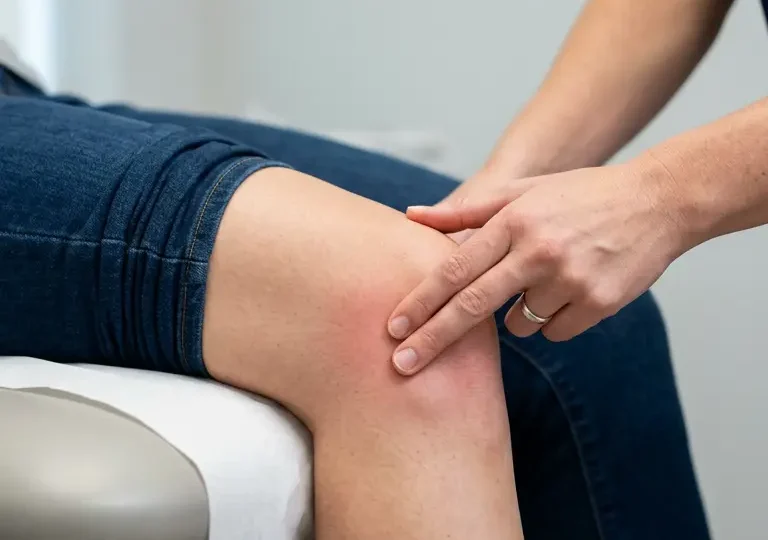 bližnji posnetek osebe z bolečino v kolenu in občutkom napetosti