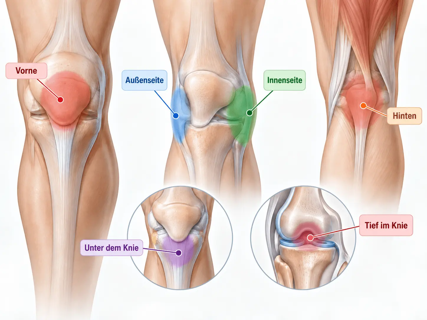 Schmerzbereiche am Knie – vorne, hinten, an der Innen- und Außenseite sowie unterhalb des Knies