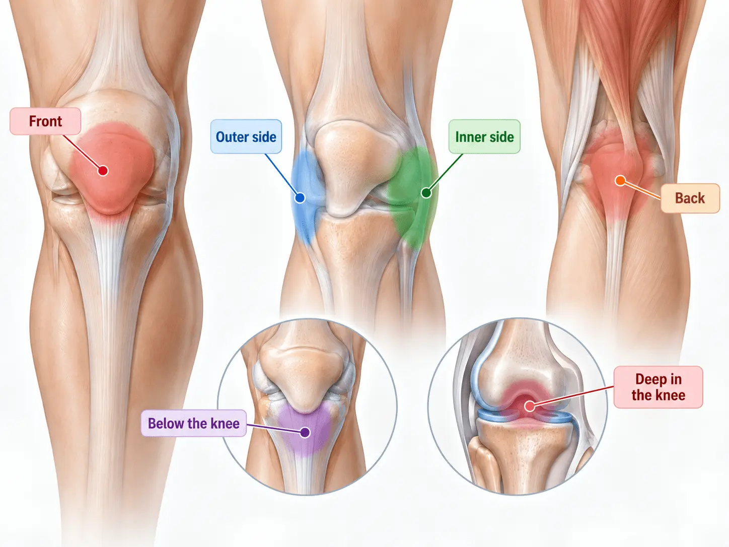 Locations of knee pain – front, back, inner and outer side, and below the knee