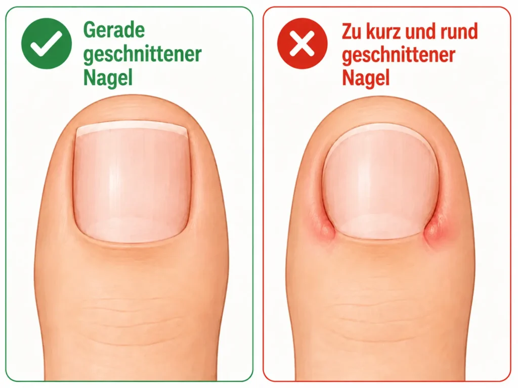 Richtiges und falsches Schneiden des Nagels zur Vorbeugung eines eingewachsenen Zehennagels