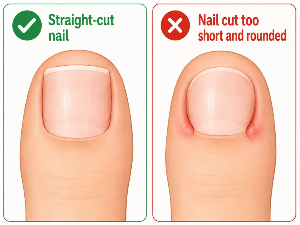 Proper and improper nail trimming for preventing ingrown toenails