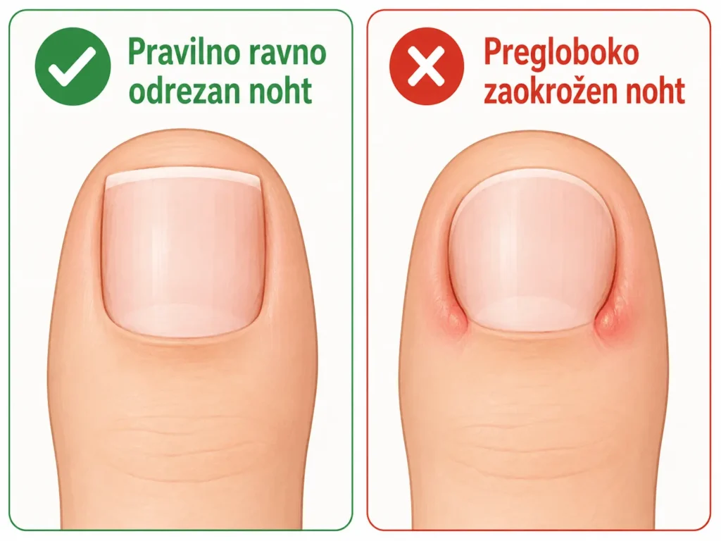 Pravilno in nepravilno striženje nohta pri preprečevanju vraščanja