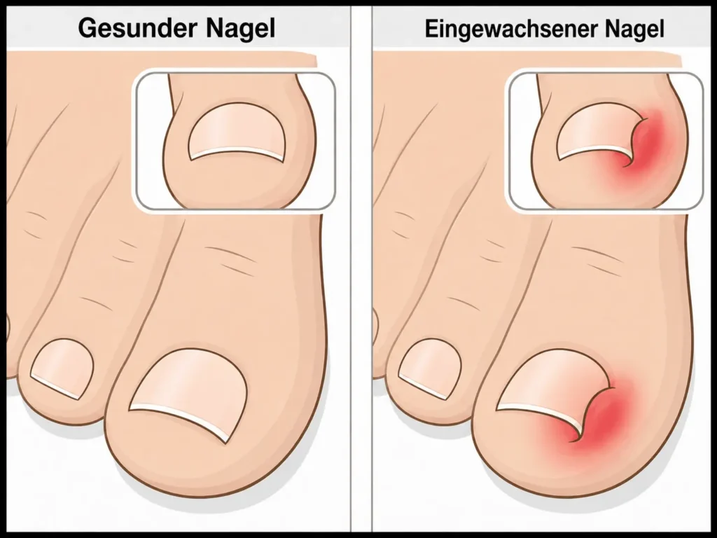 Gesunder Zehennagel und eingewachsener Zehennagel mit Rötung am Nagelrand