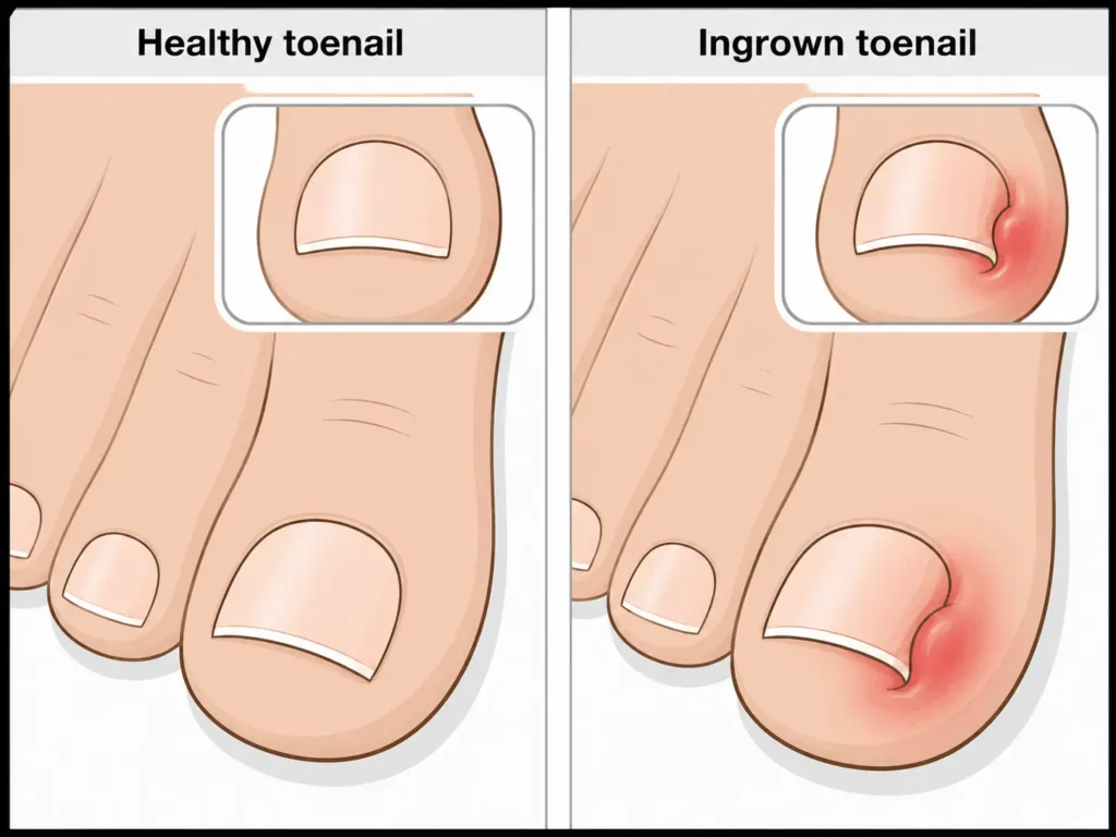 Healthy toenail and ingrown toenail with redness along the edge of the nail