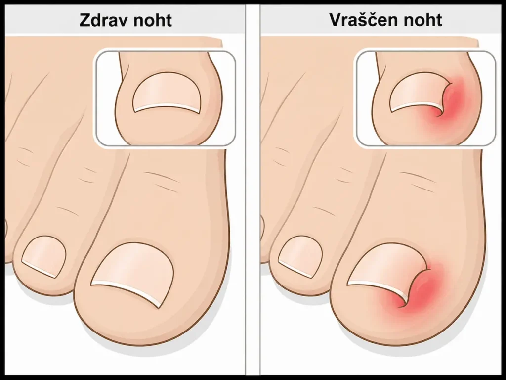 Zdrav noht in vraščen noht z rdečino ob robu nohta