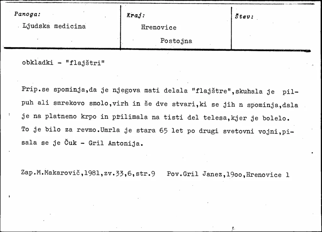 Terenski zapis iz Hrenovic iz leta 1981 o flajštru s pilpuhom oziroma smrekovo smolo