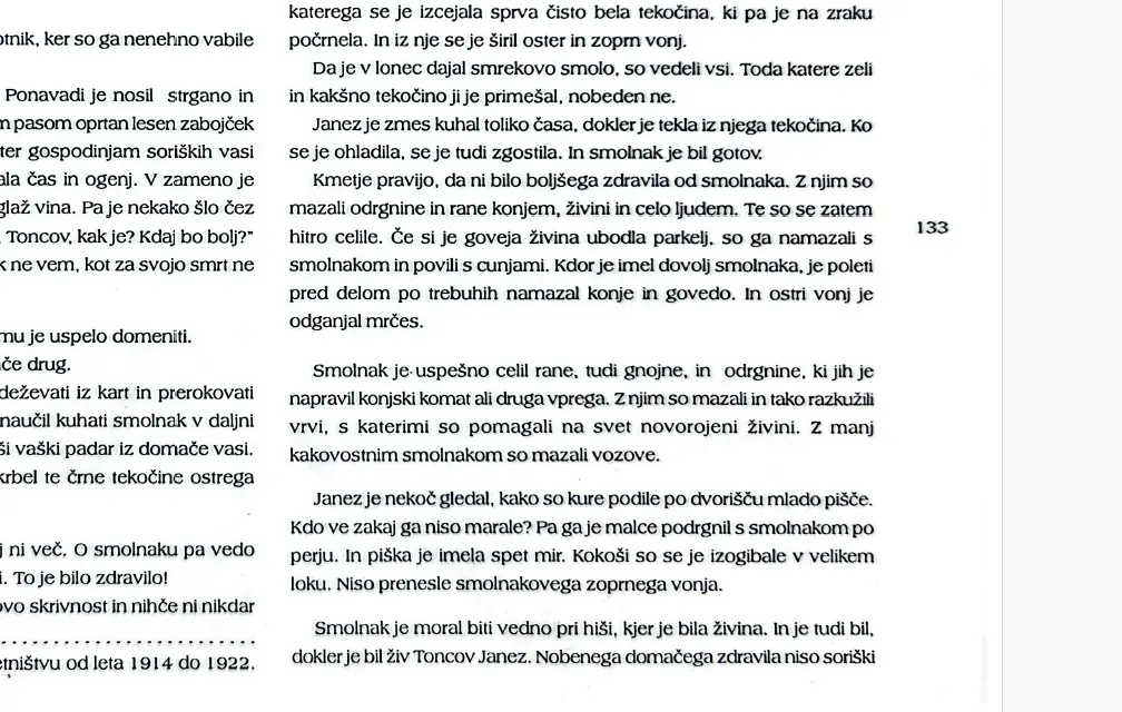 Opis priprave Toncovega smolnaka iz Sorice v knjigi Mire Omerzel-Terlep