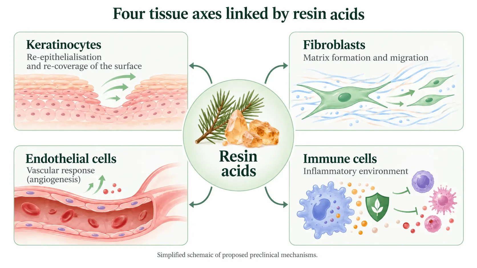 Four tissue pathways linked to resin acid research: keratinocytes, fibroblasts, endothelial cells and immune cells.