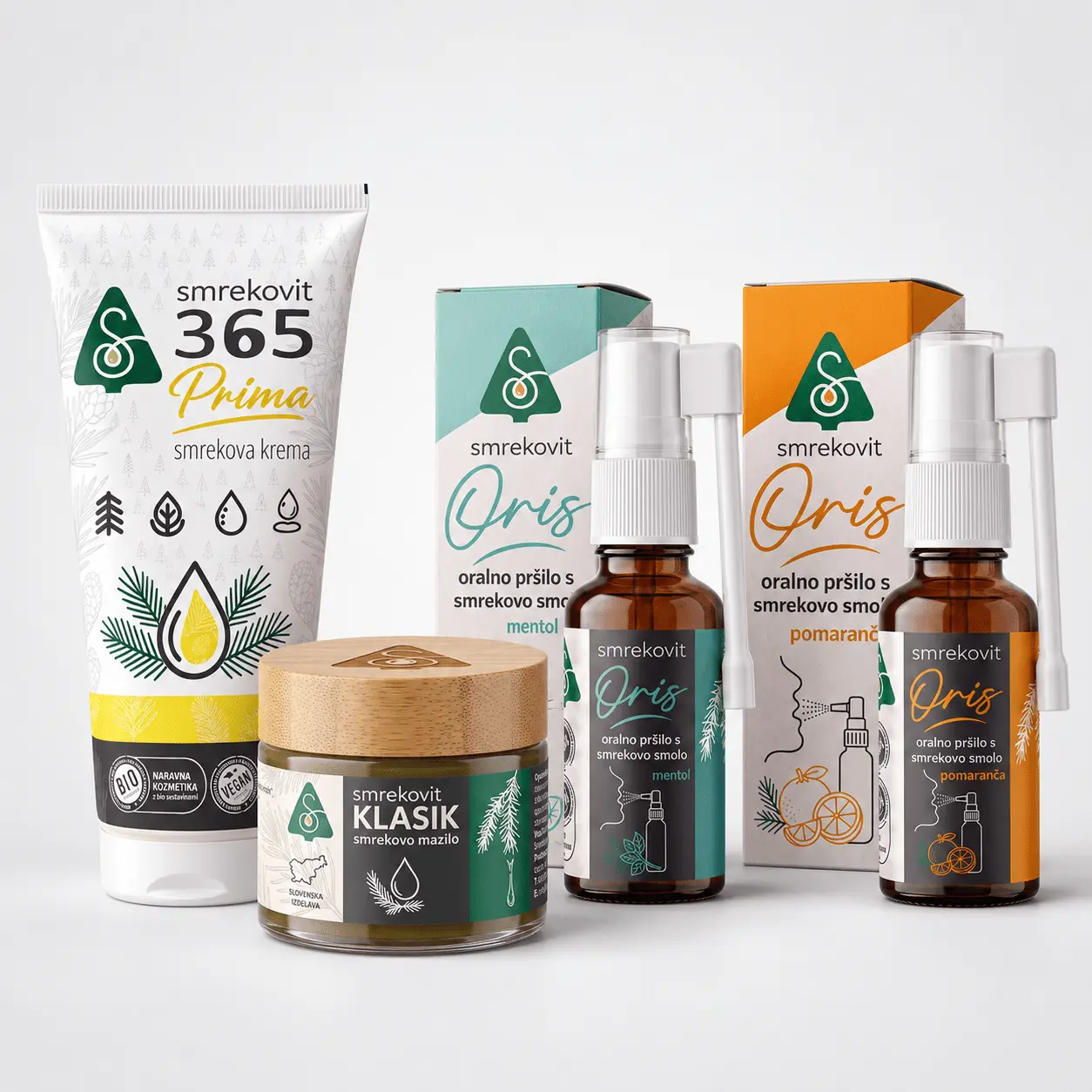 Packshot einer Gruppe von Smrekovit Produkten: Smrekovit 365 Prima, Klasik und Oris