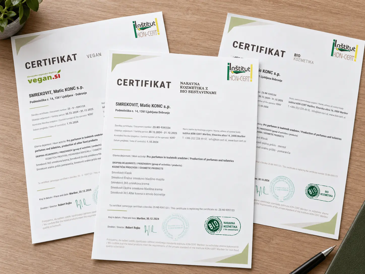 BIO-, VEGAN- und Naturkosmetik-Zertifikate mit Bio-Inhaltsstoffen für Smrekovit Produkte