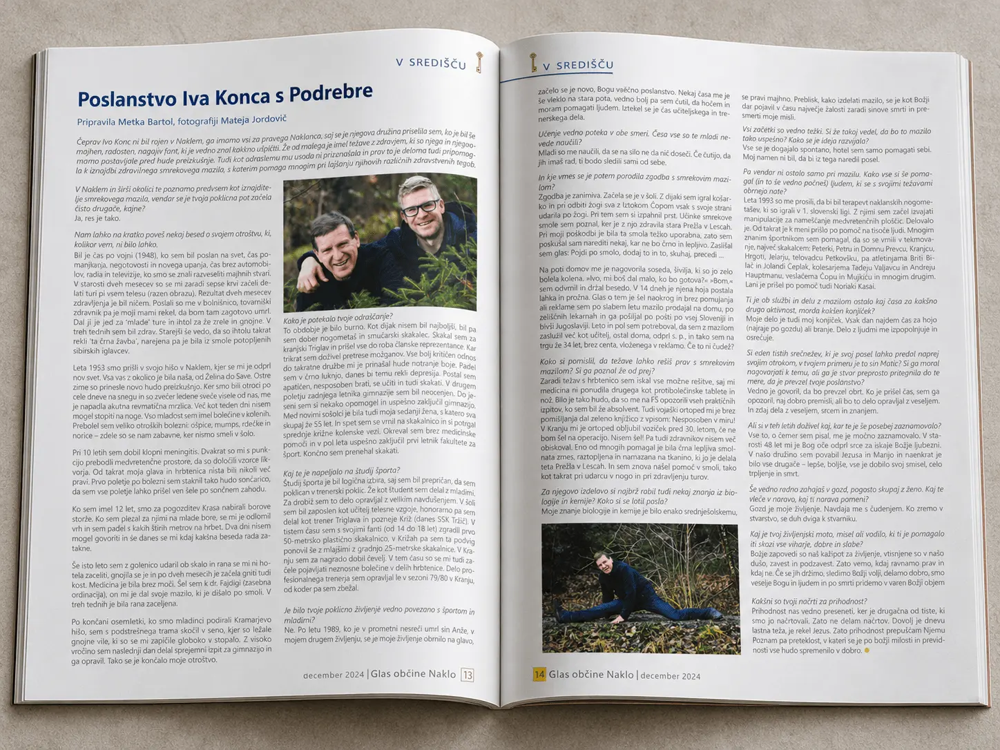 Aufgeschlagene Ausgabe von Glas občine Naklo vom Dezember 2024 mit einem zweiseitigen Interview über Ivo Konc