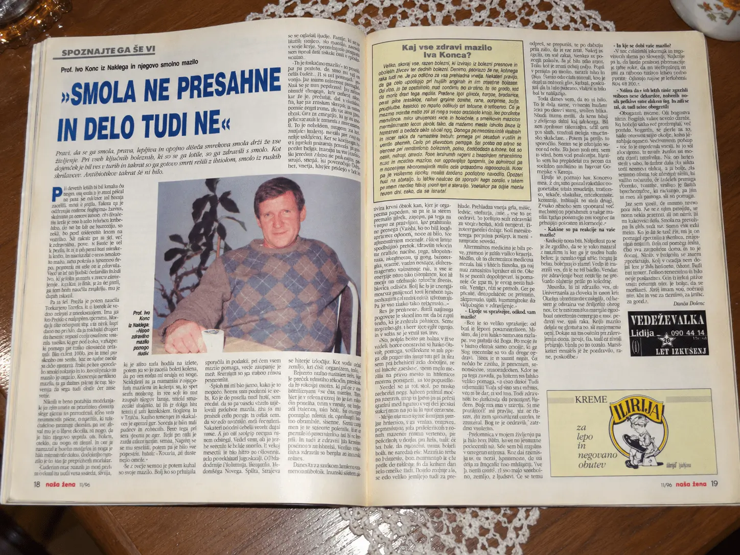 Aufgeschlagene Ausgabe der Zeitschrift Naša žena aus dem Jahr 1996 mit einem Artikel über Ivo Konc und Fichtenharzsalbe